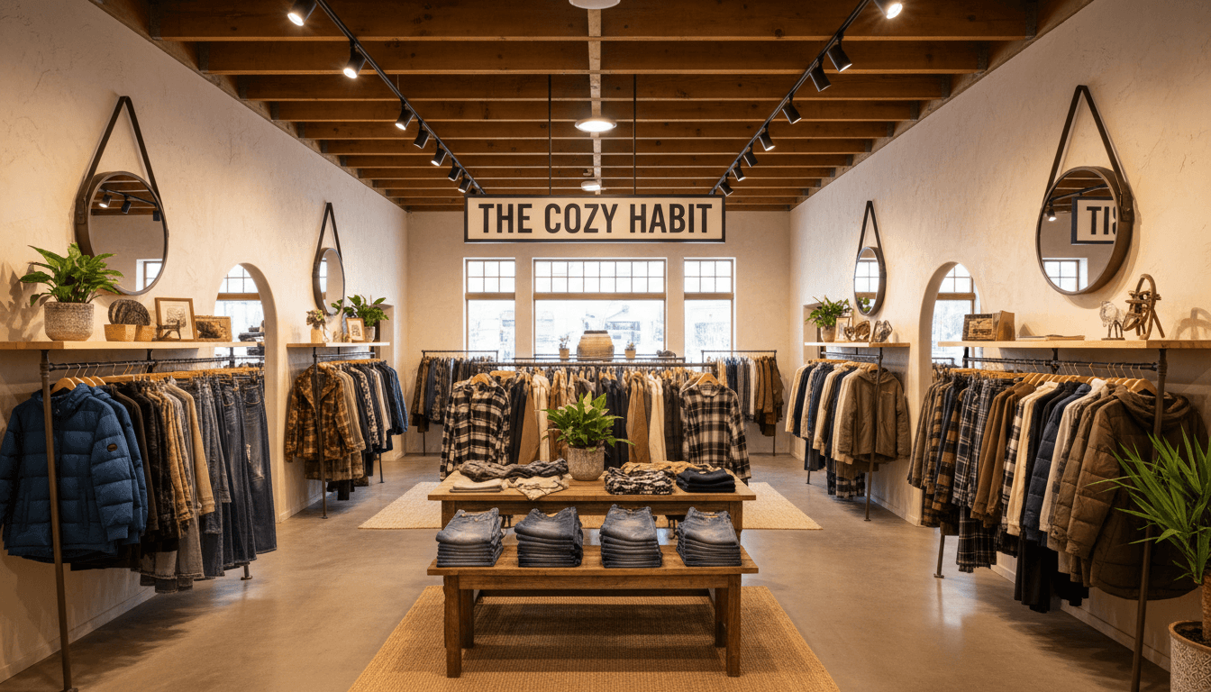 Interior of a clothing store with jeans and warm winter coats neatly displayed