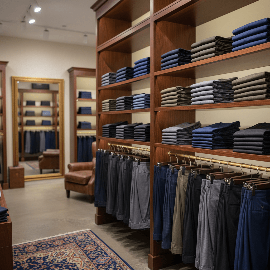 Professional dress pants and trousers neatly arranged on shelves in a menswear boutique