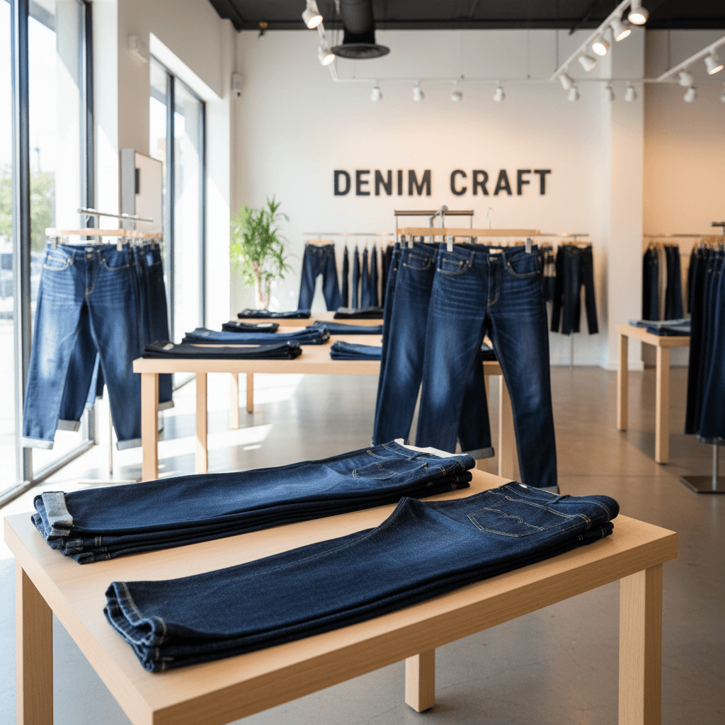 Tailored jeans on display in a clean well lit clothing store with denim textures visible