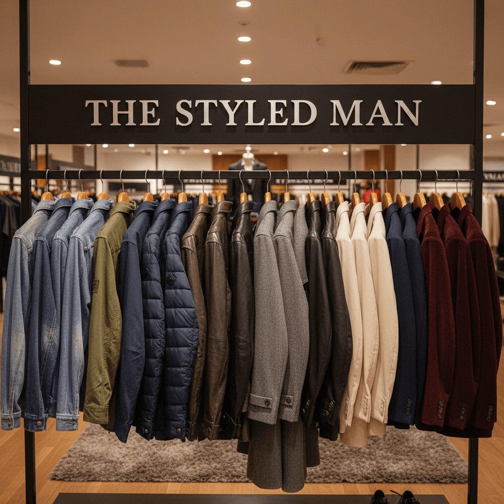 Assortment of casual and dress jackets hanging on a rack in a clothing store