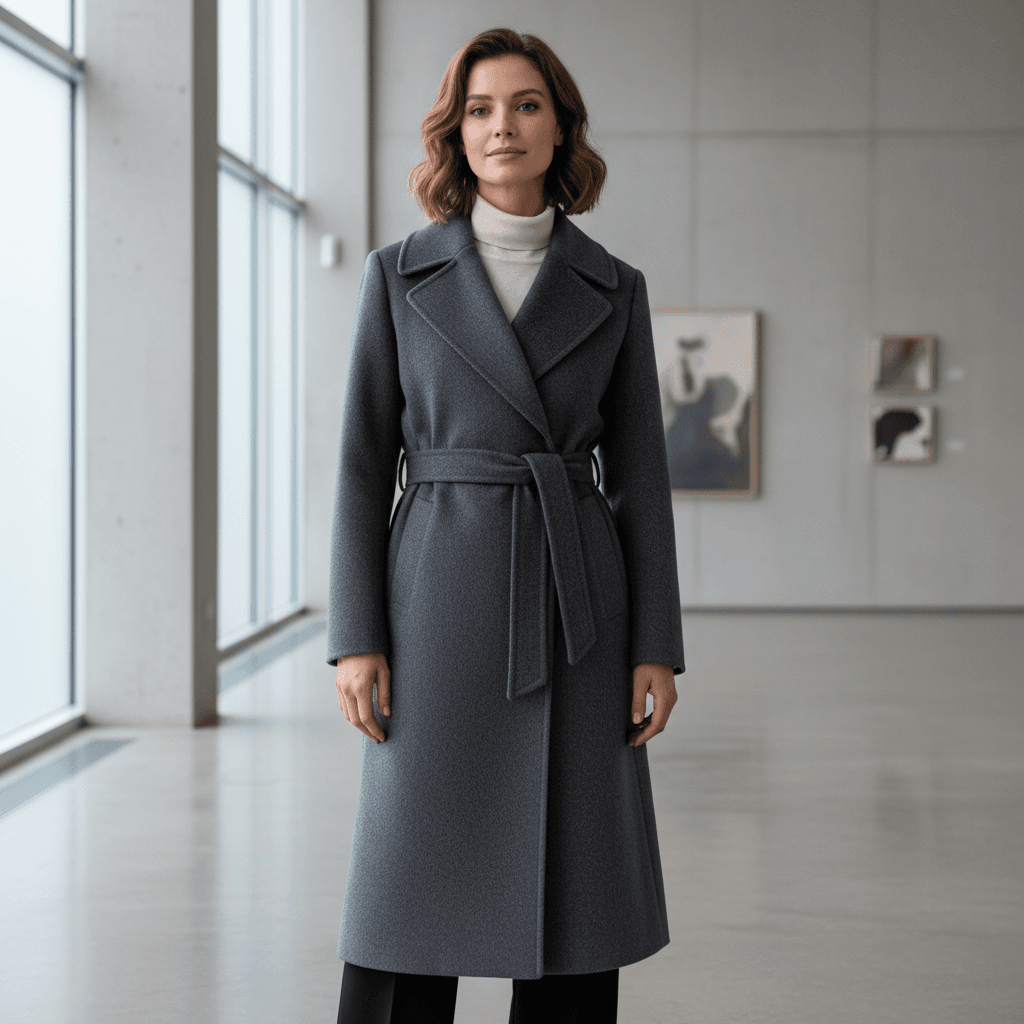Woman wearing a well tailored wool winter coat in a neutral indoor setting